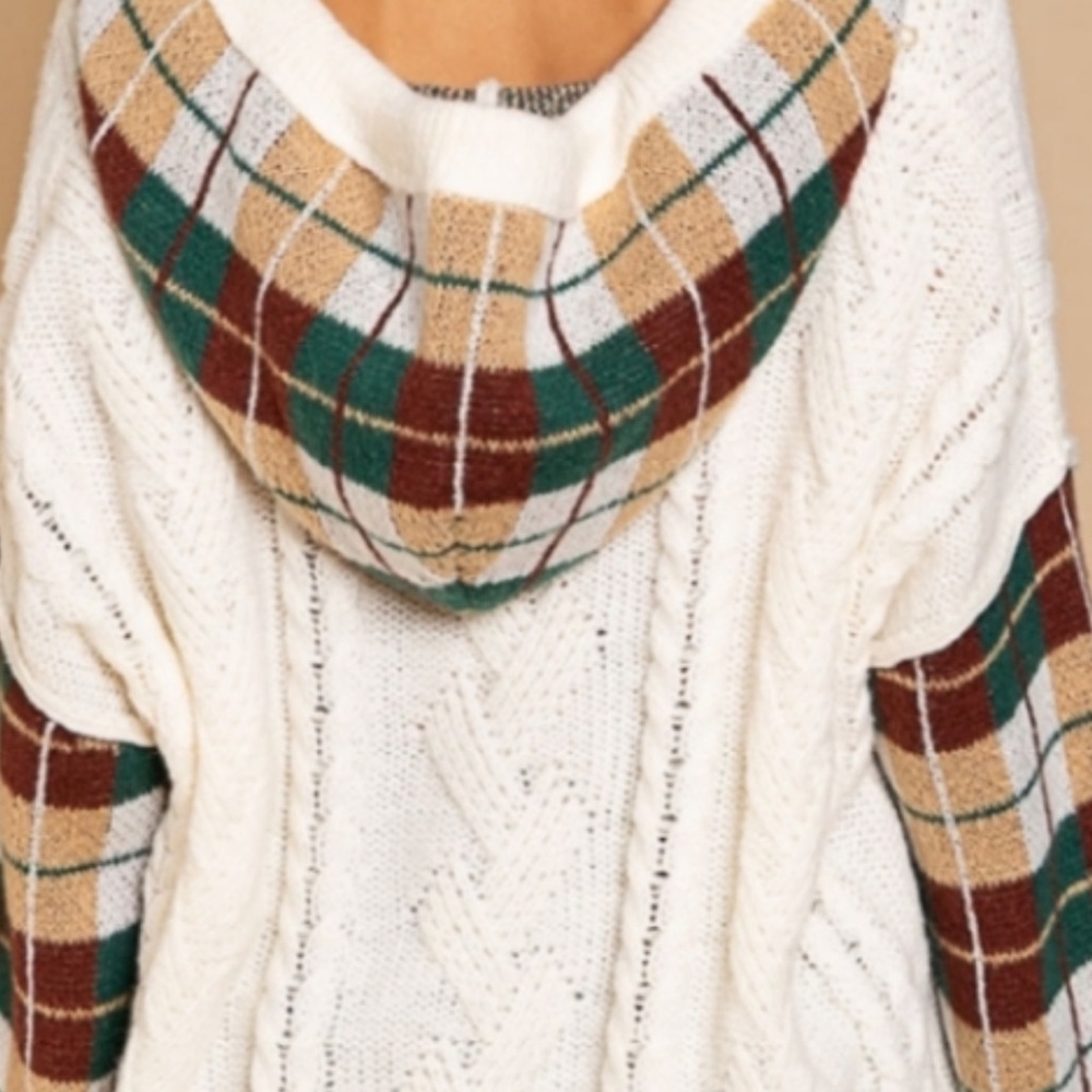 BPS13🤍🤎POL perspective in a boho cream v-neck sweater w/tan+brown check trim - Picture 6 of 11